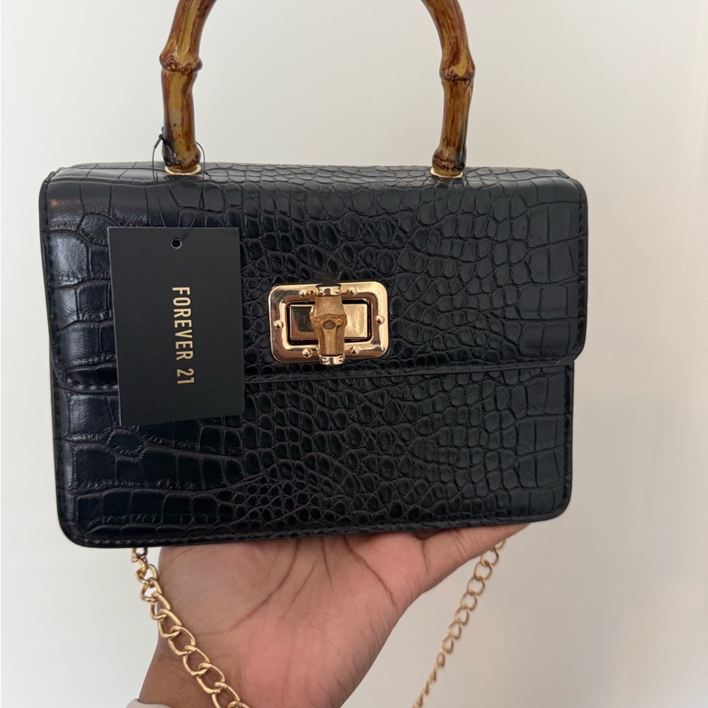 Forever 21 Black Croc-Embossed Crossbody with Bamboo Handle and Gold Hardware